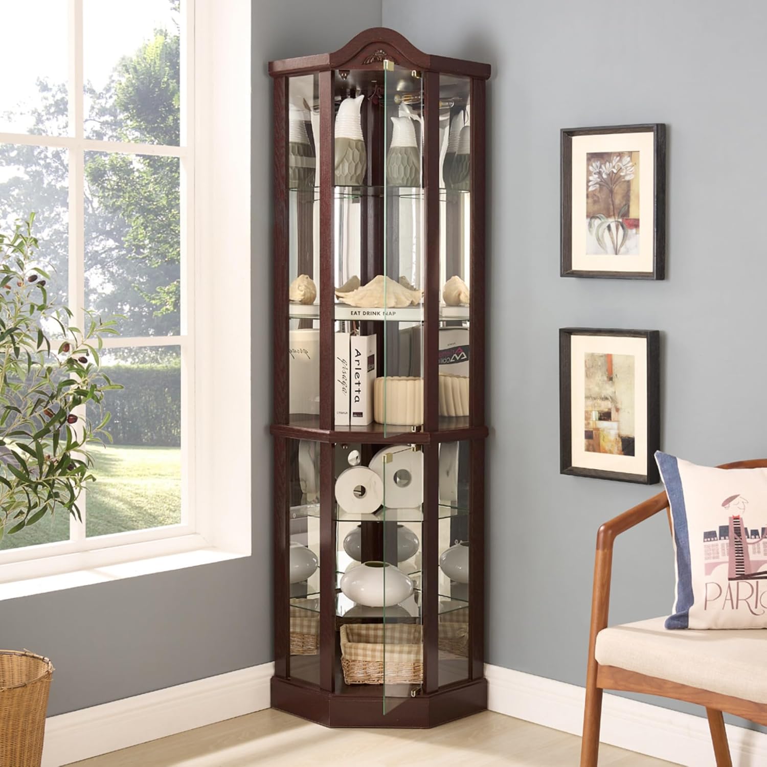 72' H Lighted Corner Display Curio Cabinet, Wooden Shelving Unit with Tempered Glass Doors, Bar and Liquor Storage Area with 6 Shelves, Rack for Living Room (Dark Cherry)