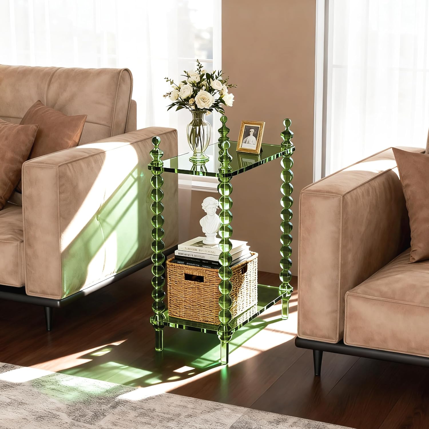Acrylic Side Table 2-Tier, Clear Nightstand with Storage, Narrow Bedside End Table for Small Spaces (Green, 20.6'×10.4'×26')