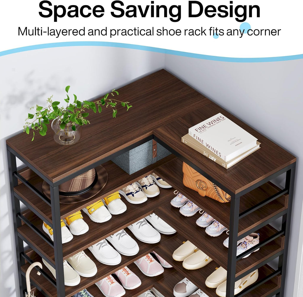 Tribesigns 9 Tiers Corner Shoe Rack, Tall Vertical Shoe Rack Organizer, Free Standing Large Shoe Storage Shelf for Entryway Hallway Closet, Space Saving, Rustic Brown
