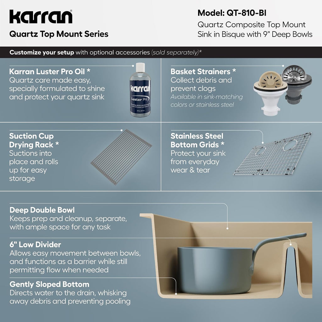 Karran 33' Bisque Quartz Composite Double Bowl Kitchen Sink – Top Mount Drop-In 50/50 Low Divider, 80% Natural Quartz, 535°F Heat Resistant, Sound Dampening, Granite Composite