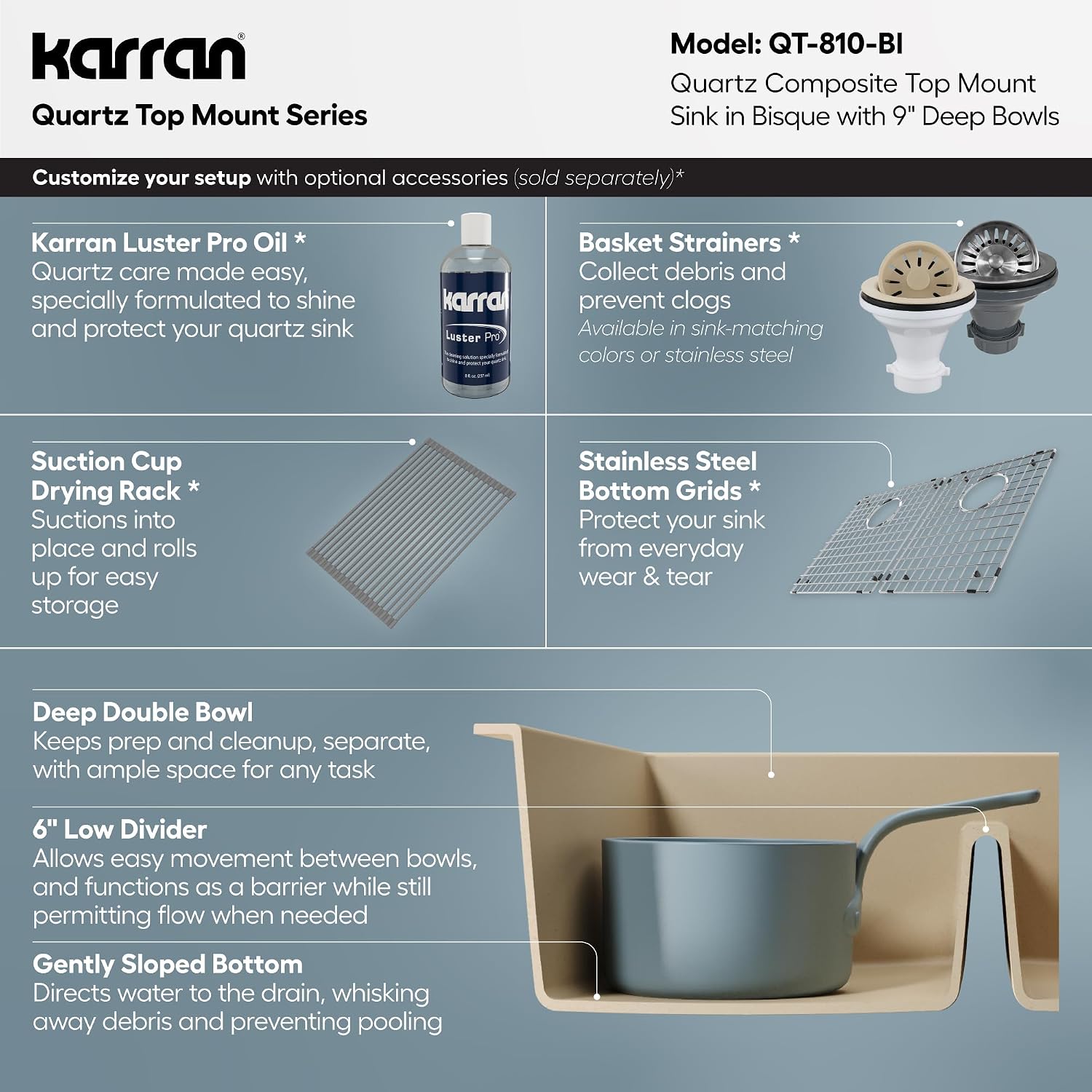 Karran 33' Bisque Quartz Composite Double Bowl Kitchen Sink – Top Mount Drop-In 50/50 Low Divider, 80% Natural Quartz, 535°F Heat Resistant, Sound Dampening, Granite Composite