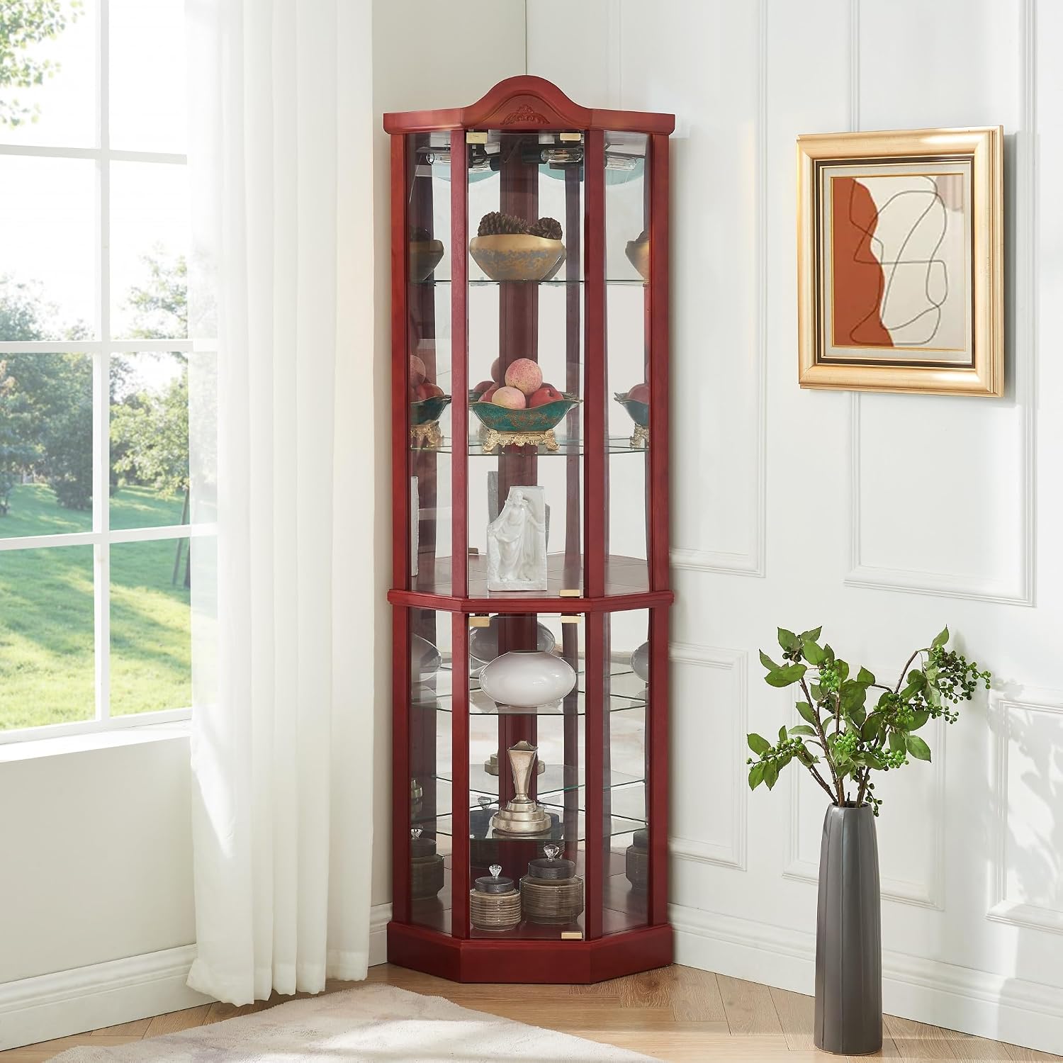 72' H Lighted Corner Curio Cabinet, Wooden Curio Cabinet with Tempered Glass Doors, 6-Tier Shelves Corner Cabinet with Glass, Liquor Display Storage Rack for Living Room(Cherry)