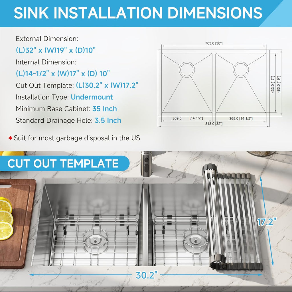 32 Inch Undermount Handmade Double Bowl Kitchen Sink, 16 Gauge 304 Stainless Steel 50/50 Large Capacity Deep Kitchen Sinks, Accessories Combo Included, 32' x 19' x 10'