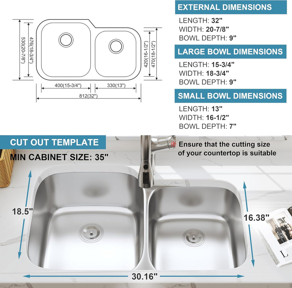 32 Inch Undermount 60/40 Double Bowl Kitchen Sink, 18 Gauge 304 Stainless Steel Commercial Grade Satin Finish Kitchen Sinks with Strainer, 32' x 20' x 9'
