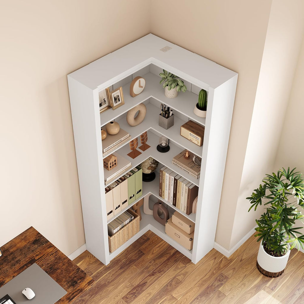 GarveeHome Corner Bookshelf, 71.8 in White Corner Bookcase, L-Shaped Bookshelf Large Bookcase, 5 Tier Display Shelf Heavy Duty Bookcases, Bookshelves with Storage