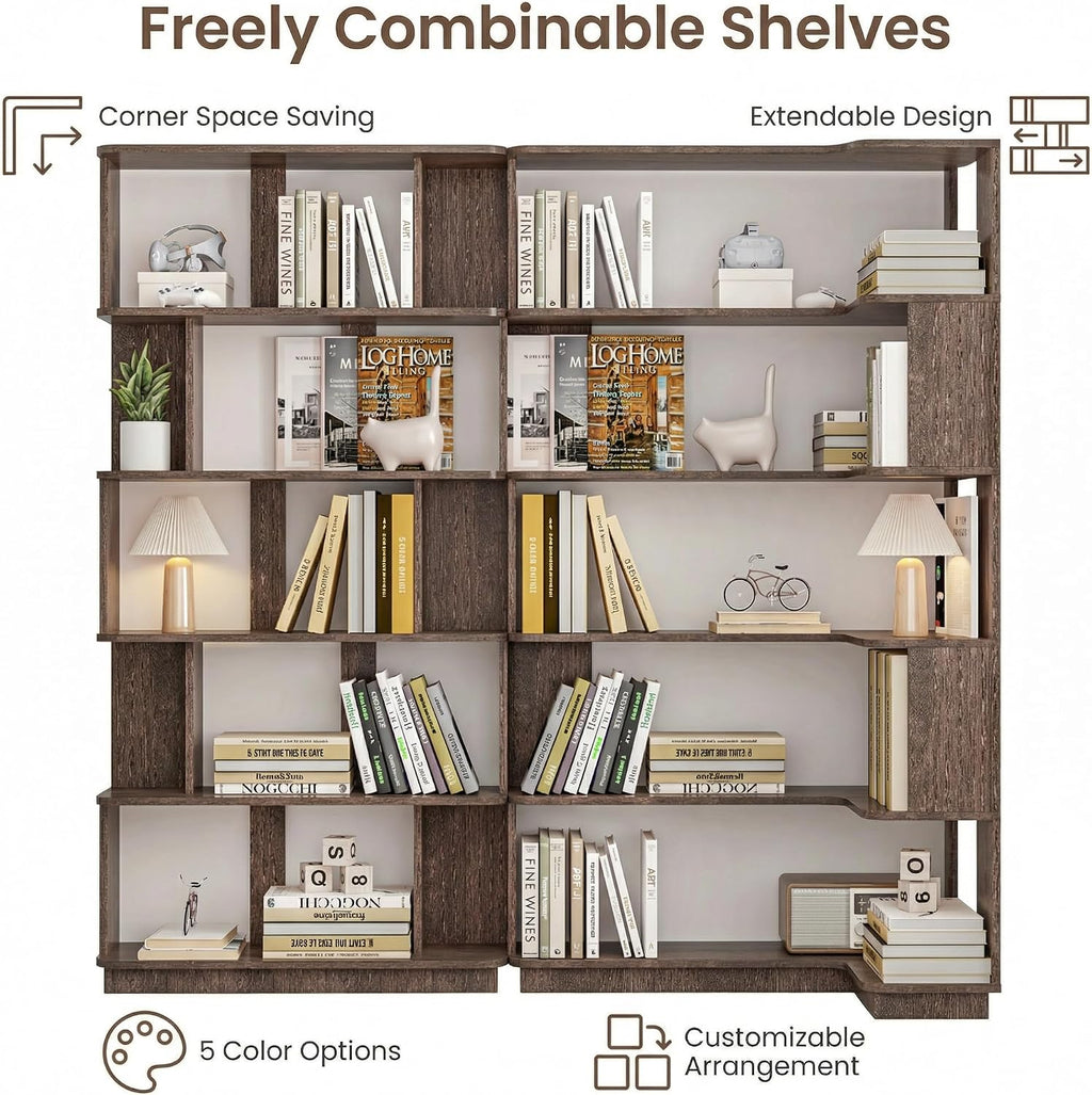 Corner Bookshelf, L Shaped, Set of 2,Dark Brown | Modular Geometric Design, Large Storage Display, Freestanding Wooden Unit, For Living Room Home Office