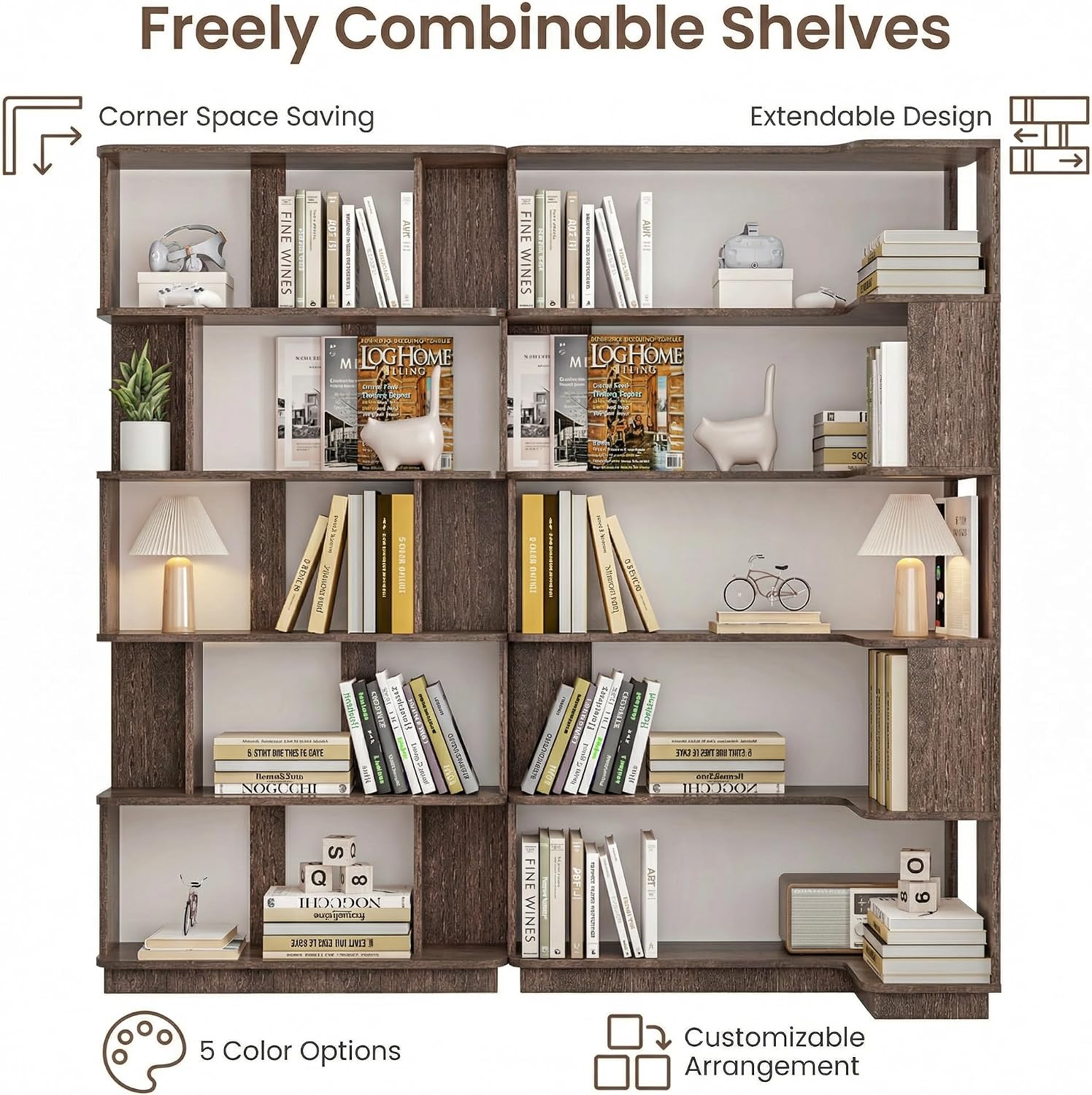 Corner Bookshelf, L Shaped, Set of 2,Dark Brown | Modular Geometric Design, Large Storage Display, Freestanding Wooden Unit, For Living Room Home Office