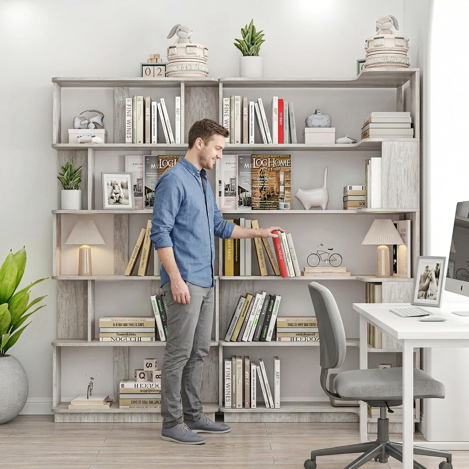 Corner Bookshelf, L Shaped, Set of 2, Light Grey | Modular Geometric Design, Large Storage Display, Freestanding Wooden Unit, For Living Room Home Office