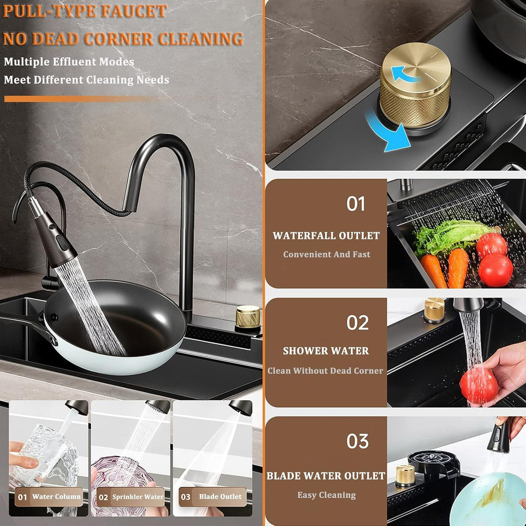 Black Nano Single Bowl Kitchen Sink 304 Stainless Steel Waterfall Bar Sink Multi-Function Rv Sink with Pull-Out Faucet and Cup Washer Drop in Or Under Mount(Black-60x45x21cm