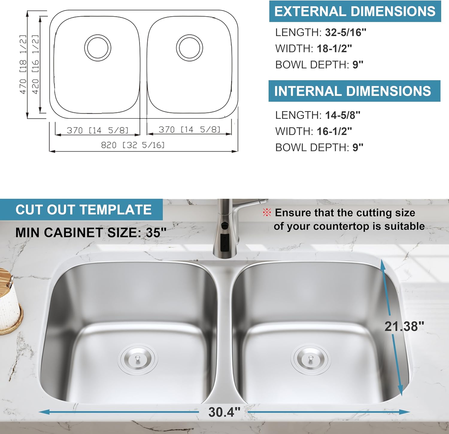 32 Inch Undermount Double Bowl Kitchen Sink, 18 Gauge 304 Stainless Steel 50/50 Kitchen Sinks with Strainer, 32' x 18' x 9'