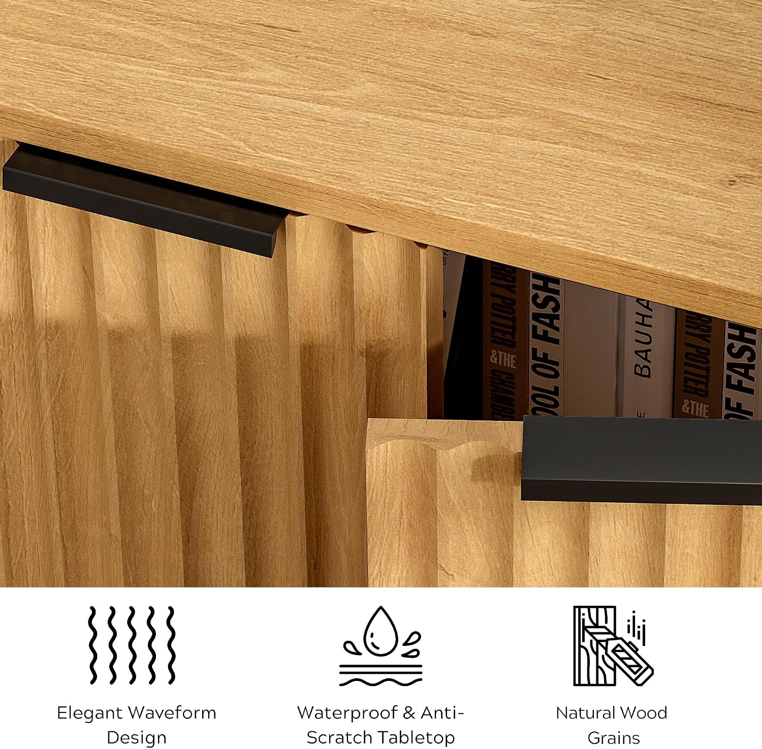 EYYTHUNG Fluted Corner Cabinet, Modern Small Corner Floor Cabinet with 2 Doors and 2-Tier Shelves, Freestanding Narrow Organizer for Living Room Kitchen Bathroom, Natural Oak