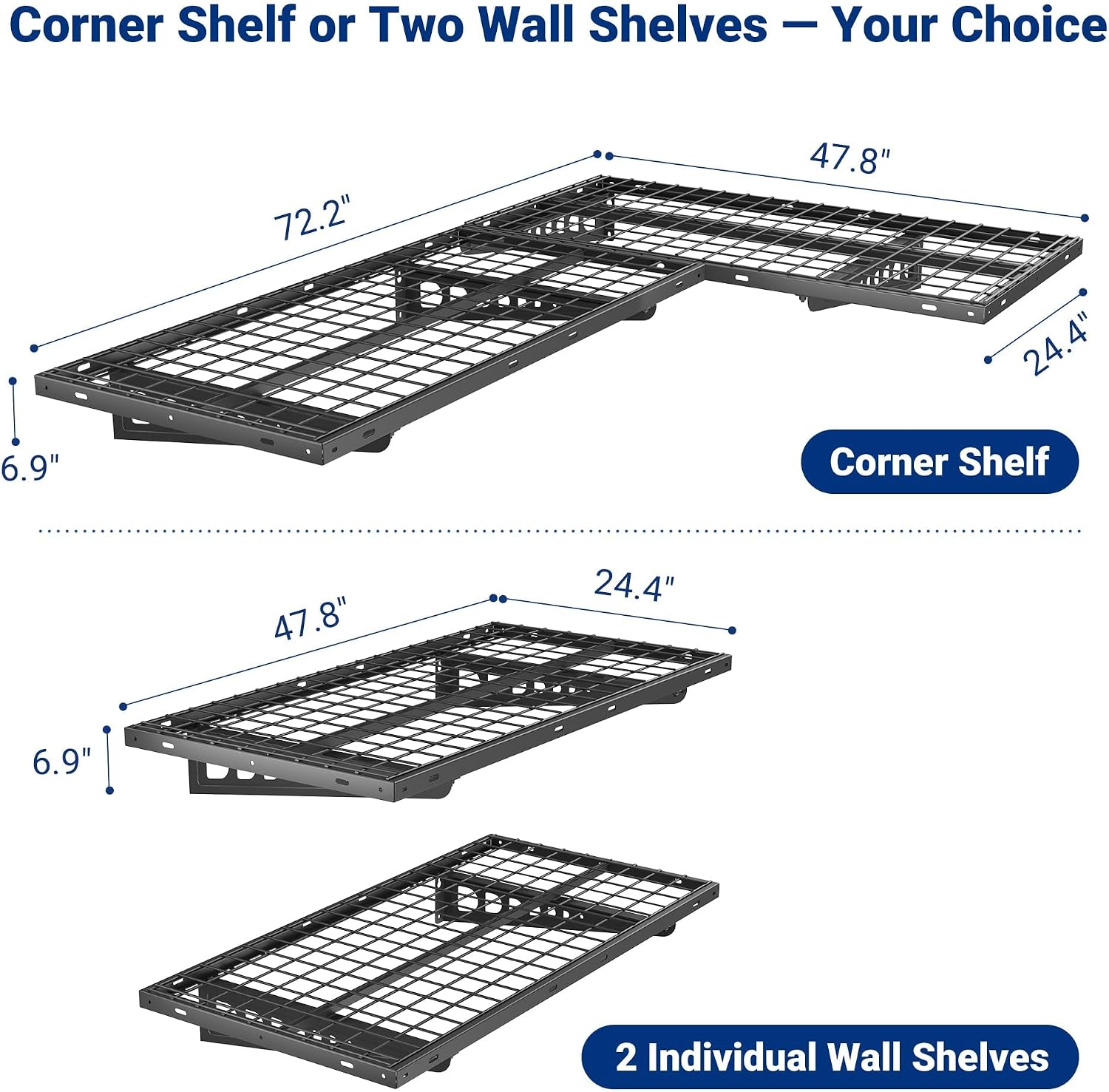 FLEXIMOUNTS 2 Pack 2x4ft Corner Wall Shelving Garage Storage Rack, 24x48 inch Floating Shelves, 660lbs Total Weight Capacity, Black, Pro Series