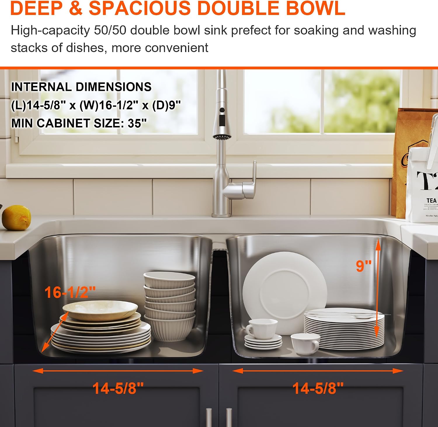 32 Inch Undermount Double Bowl Kitchen Sink 50/50 Stainless Steel 18 Gauge Commercial Grade Satin Finish Dual Bowl Sinks 32' x 18' x 9' (Sink Only)