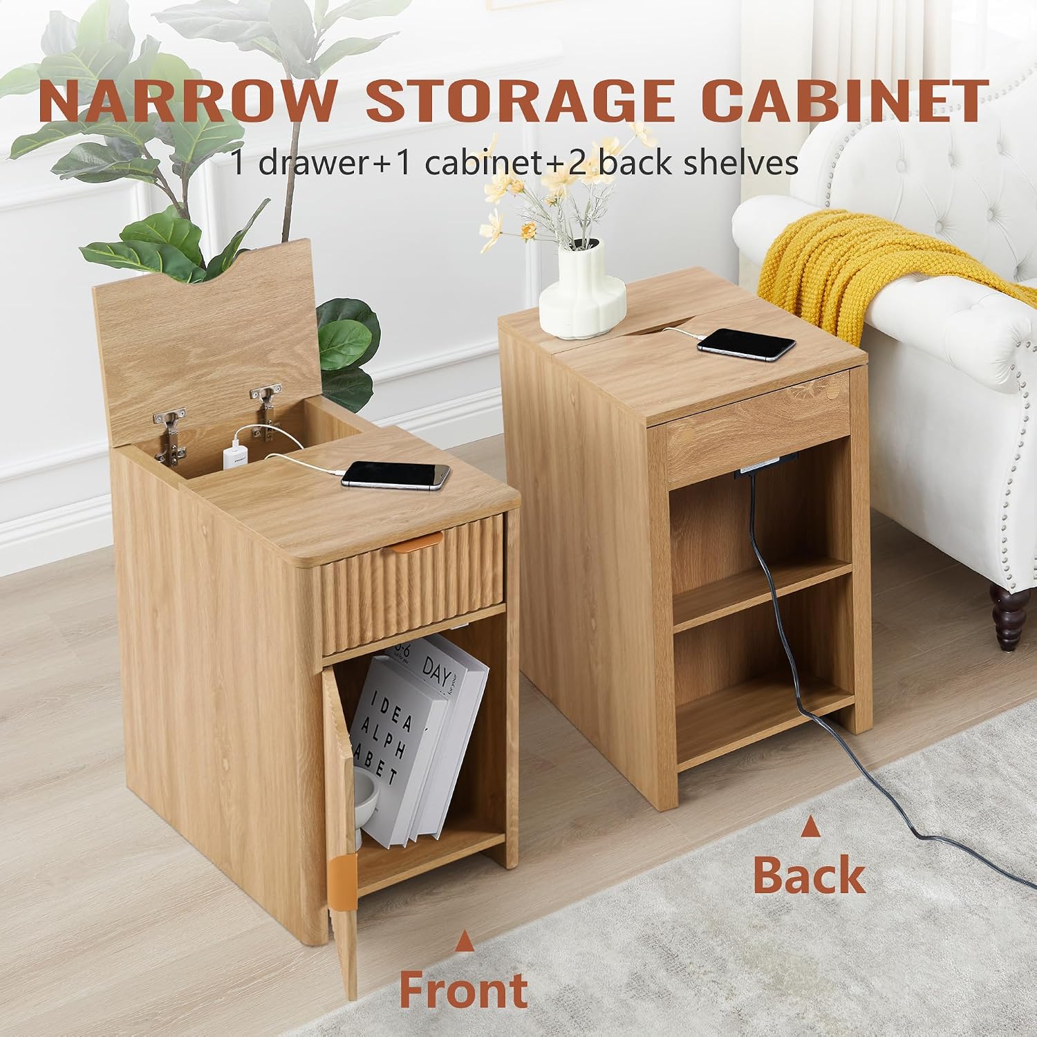 Fluted Narrow End Table with Charging Station, Boho Side Table with Drawer Storage, Small Night Stand with Power Outlets and USB Ports, Sofa Side Table for Living Room, Natural