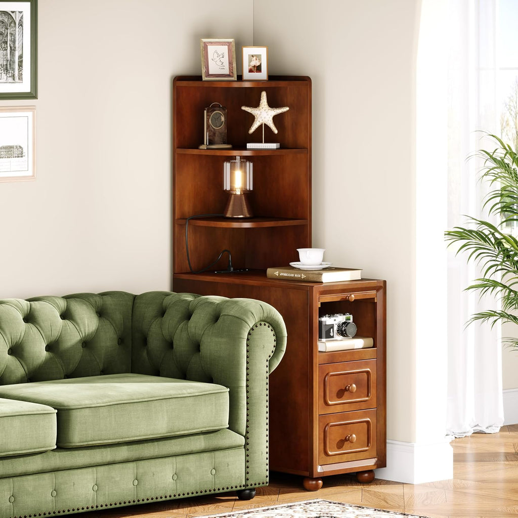Solid Wood End Table with Charging Station and Reversible Corner Shelves, Tall Narrow Side Table with Drawers, USB Ports and Outlets for Living Room and Bedroom, Walnut