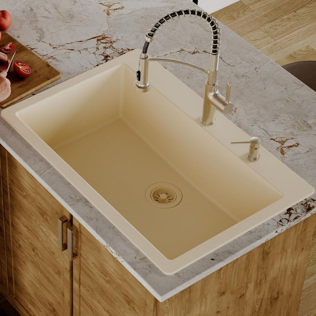 Karran 33' Drop-In Top Mount Quartz Composite Single Bowl Kitchen Sink in Bisque – Extra Deep 9' Basin, Heat Resistant, Sound Dampening, Easy Clean Surface