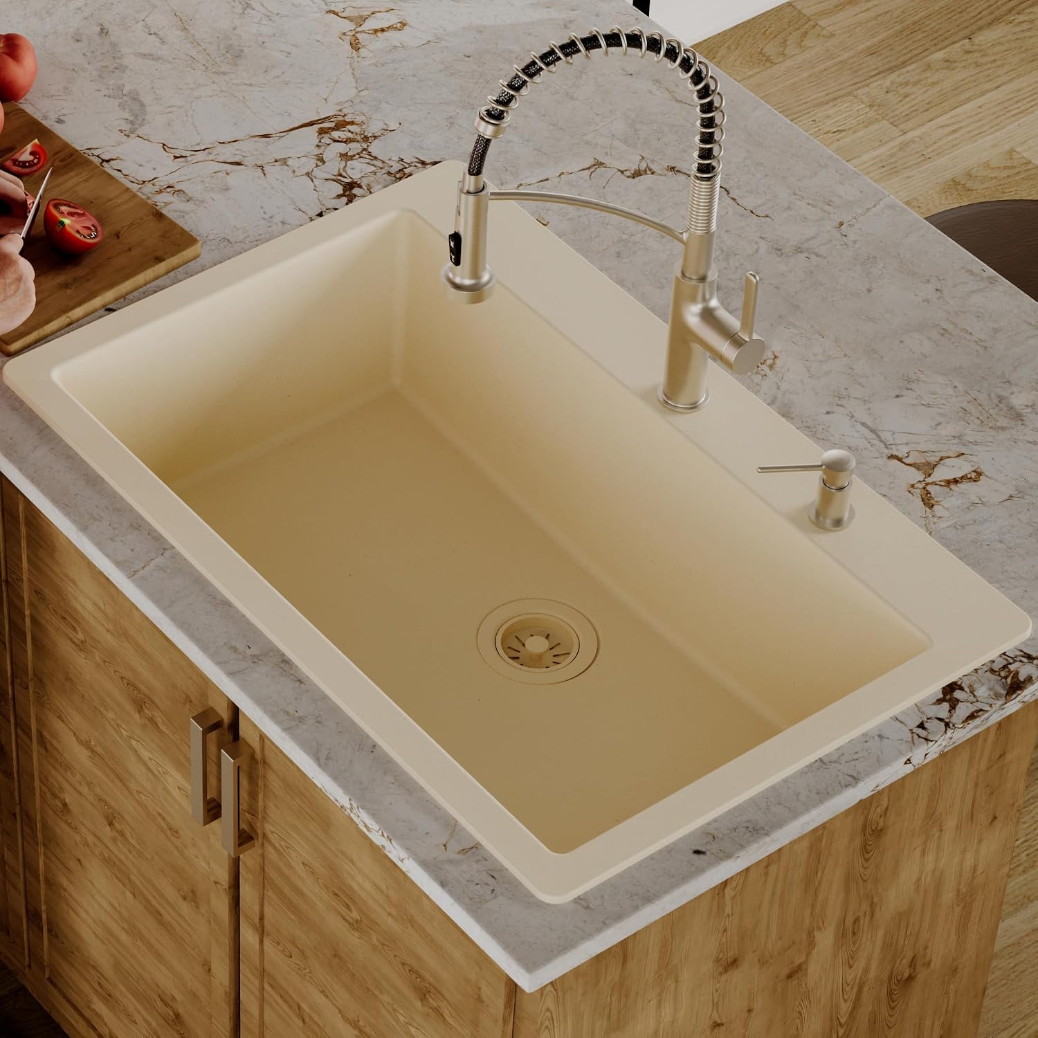 Karran 33' Drop-In Top Mount Quartz Composite Single Bowl Kitchen Sink in Bisque – Extra Deep 9' Basin, Heat Resistant, Sound Dampening, Easy Clean Surface