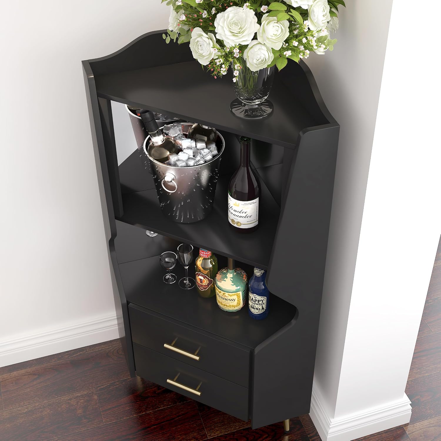 GDFStudio Wooden Corner Shelf Cabinet, Mirrored Back Coffee Bar Cabinets with Drawers & Open Storage, High Feet Corner Wine Rack Liquor Stand Kitchen Storage Cabinet for Living Room Dining Room, Black