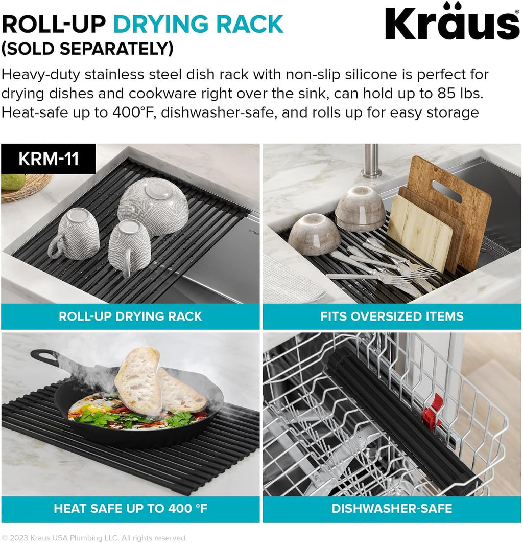 KRAUS Bellucci 28-inch Granite Workstation Drop In Top Mount Single Bowl Kitchen Sink in Metallic Black with Accessories, KGTW12-28MBL