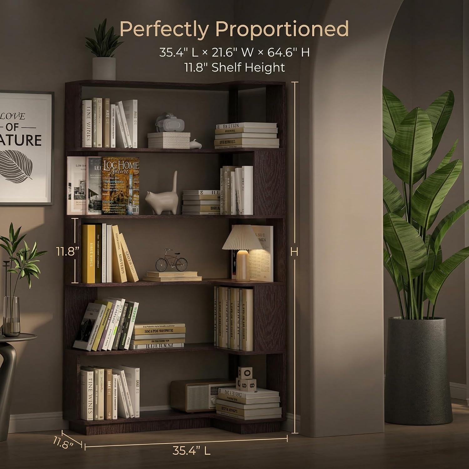 6 Tier Corner Bookshelf, Freestanding L-Shaped Wooden Bookcase with Open Shelves, Anti-Fall Panels and Anti-Tipping Device for Living Room, Home Office (Ox Blood Red with Left Extension)