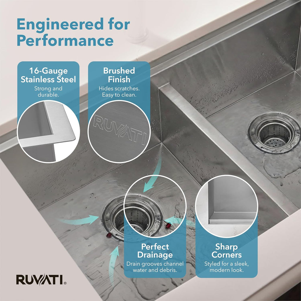 Ruvati 30-inch Workstation Ledge 50/50 Double Bowl Undermount 16 Gauge Stainless Steel Kitchen Sink - RVH8345