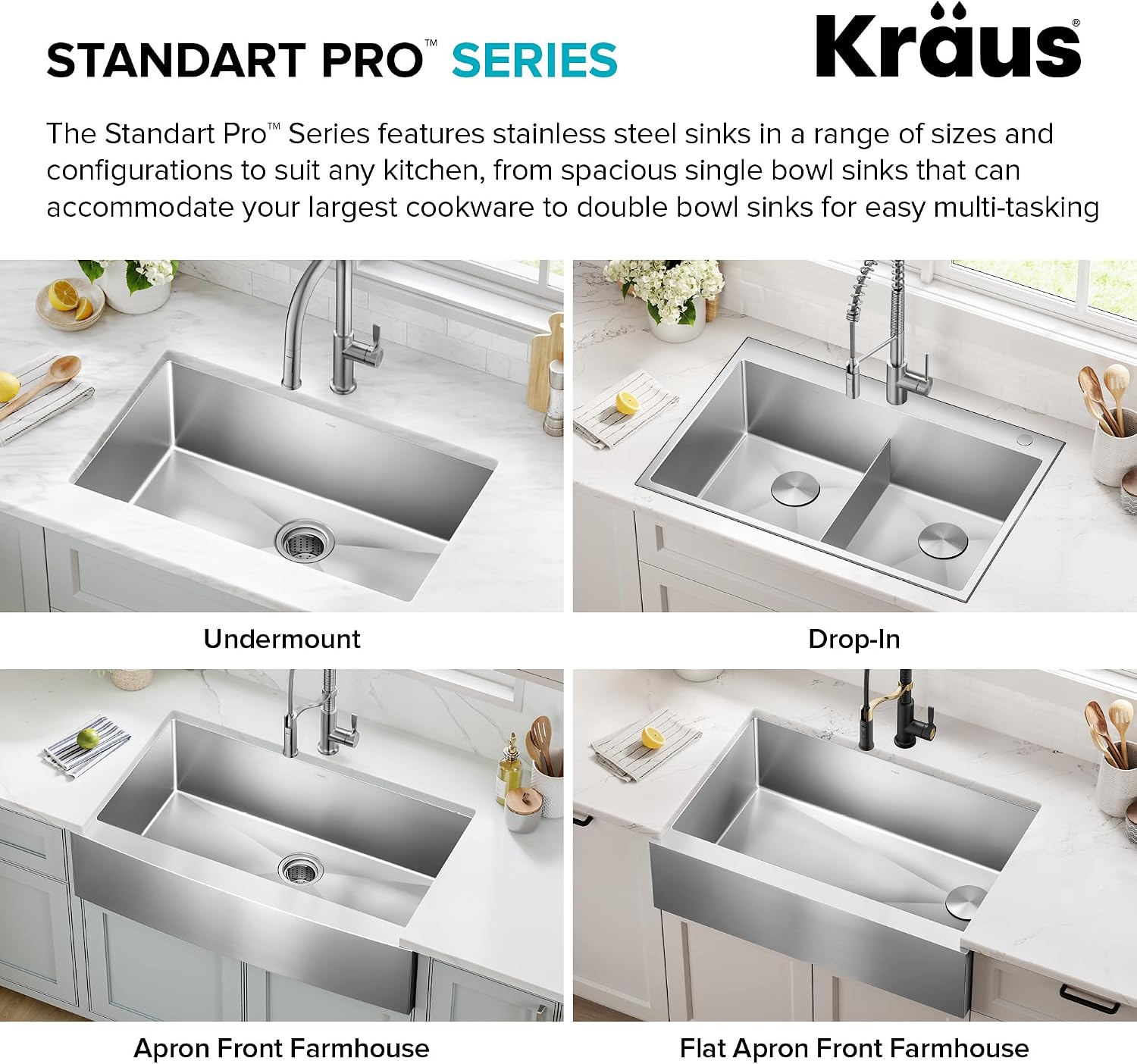Kraus KHF204-33 Standart PRO Kitchen Stainless Steel Sink, 16 Gauge, 33' Undermount Round Apron 40/60 Double Bowl Kitchen Sink