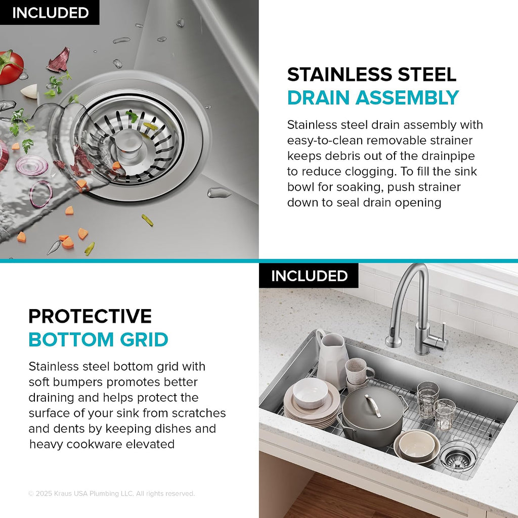 KRAUS Fairlane 33-inch ADA Compliant Undermount Single Bowl 18-Gauge Stainless Steel Kitchen Sink, KHU640-33-5.5