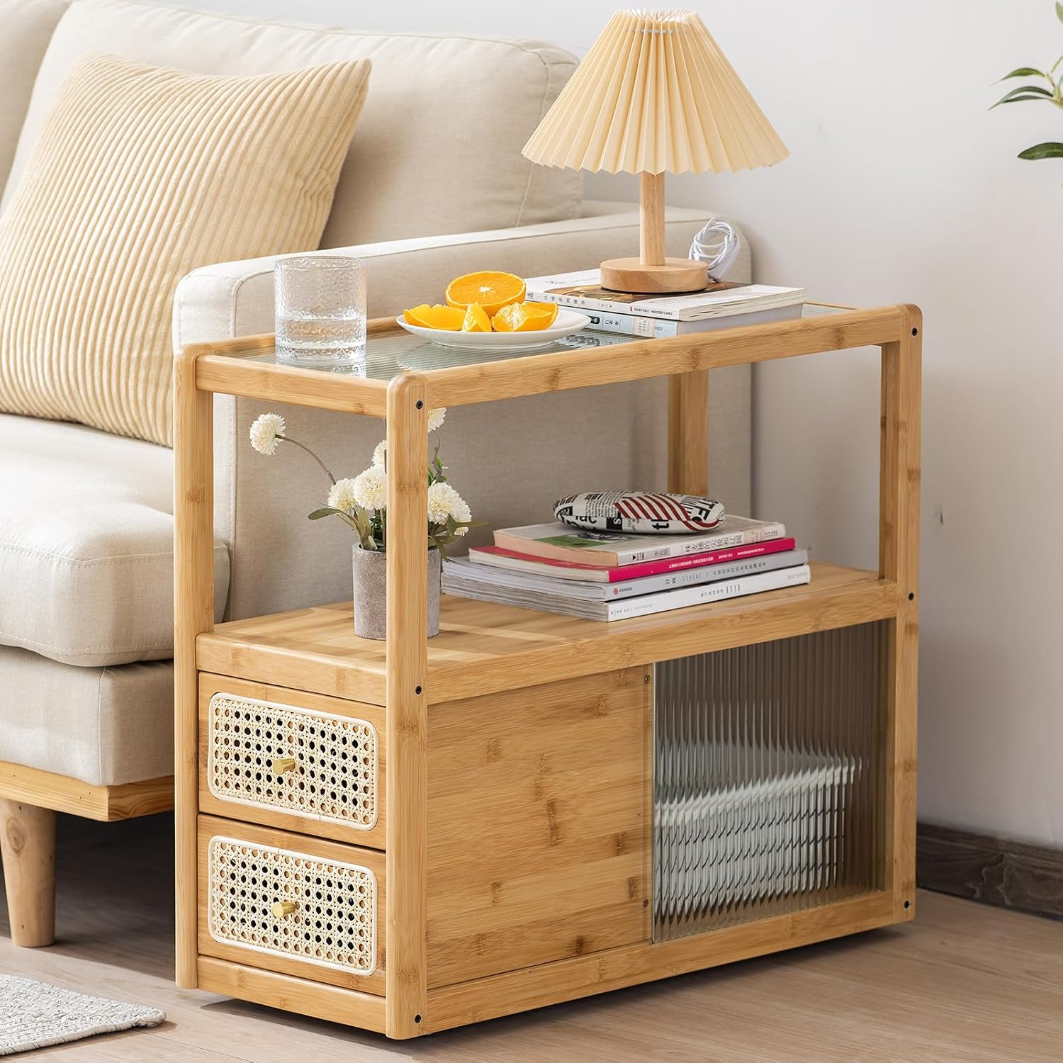 Tiita Rattan Nightstand Side Table, Bamboo Accent Bedside Tables, Glass Coffee Tables, Boho Wooden End Table with Storage for Small Space, Living Room and Bedroom