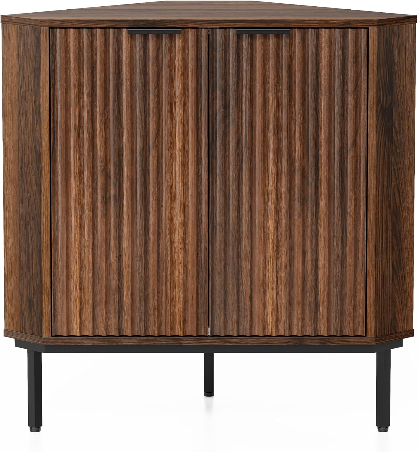 EYYTHUNG Fluted Corner Cabinet, Modern Small Corner Floor Cabinet with 2 Doors and 2-Tier Shelves, Freestanding Narrow Organizer for Living Room Kitchen Bathroom, Brown