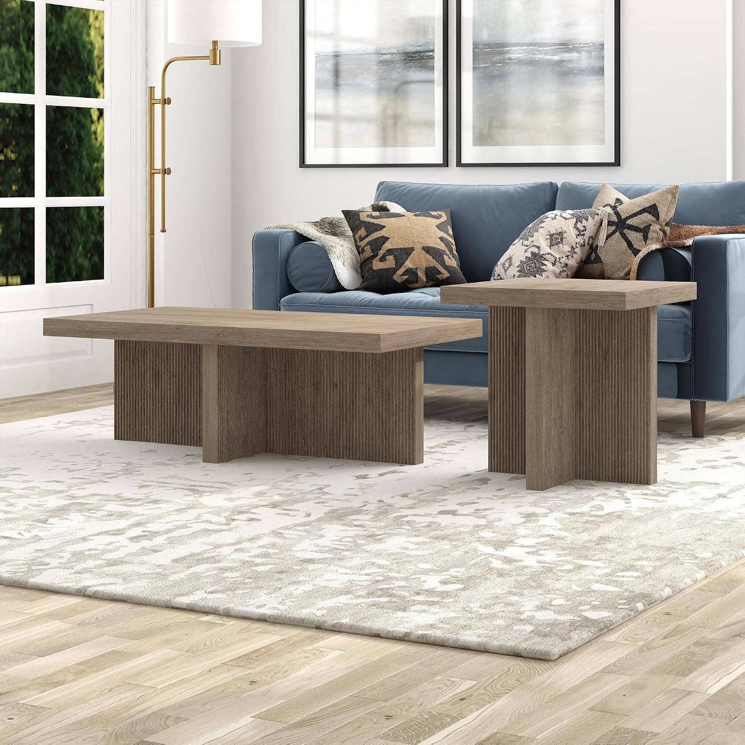 Henn&Hart 22' Fluted Scandinavian Square End Table, Ribbed Side Table, Nightstand for Living Room, Office, Family Room, or Bedroom, Weathered Gray