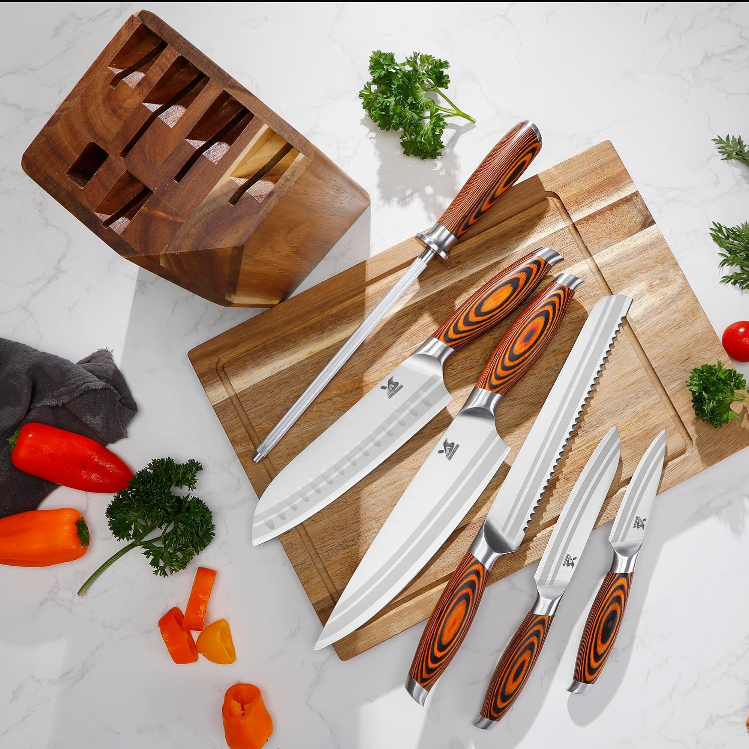 MSY BIGSUNNY 7pcs Knife Block Set, German Steel Chef Knife Set, Precious Pakkawood Handle for Kitchen Knife Block Set