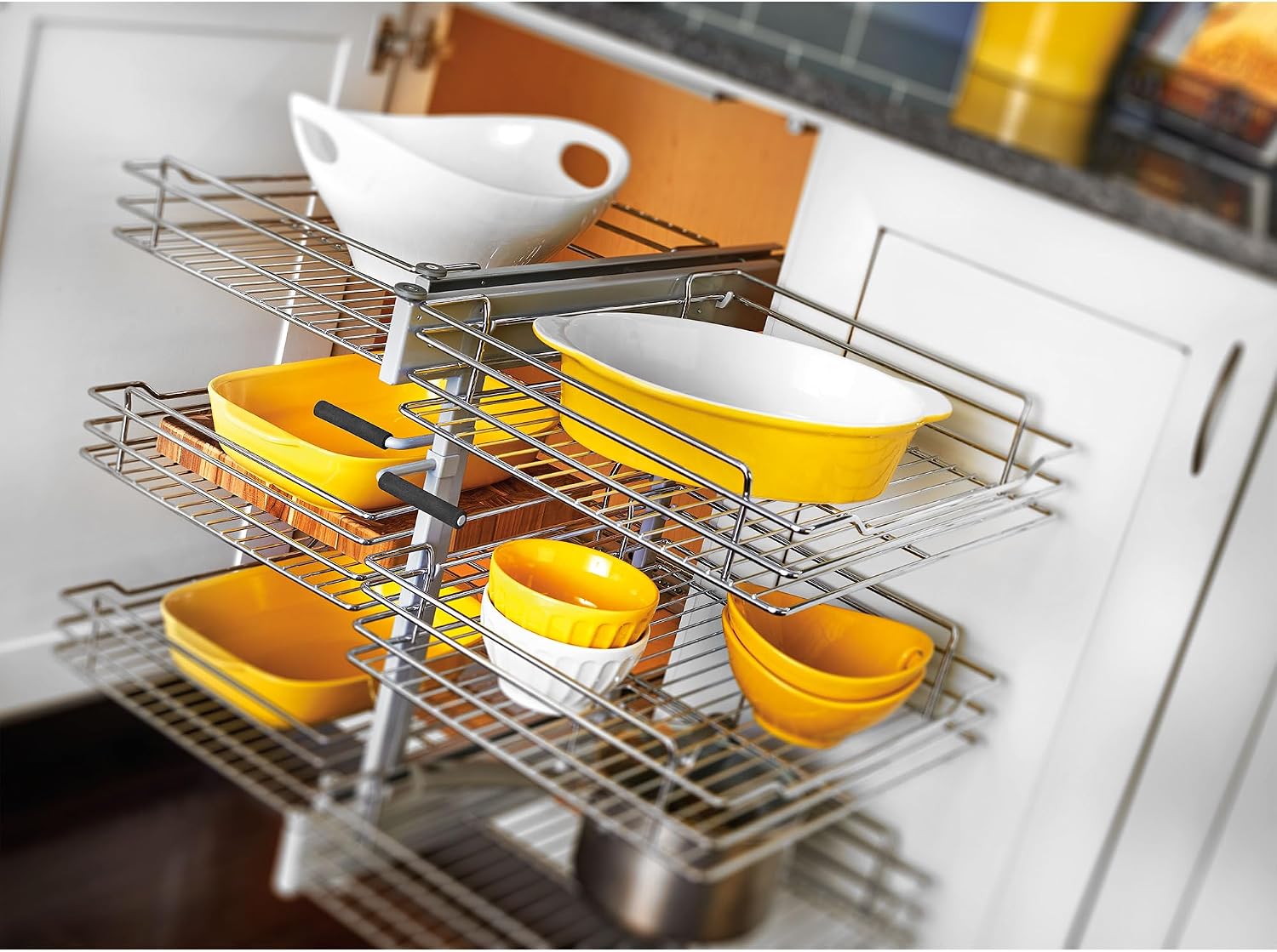 Rev-A-Shelf Chrome 3-Tier Wire Pullout Organizer with Soft-Close for Blind Corner Kitchen/Bathroom Cabinets, Adjustable 6-Basket Storage System, Min Opening Width of 15', 5PSP3-15SC-CR