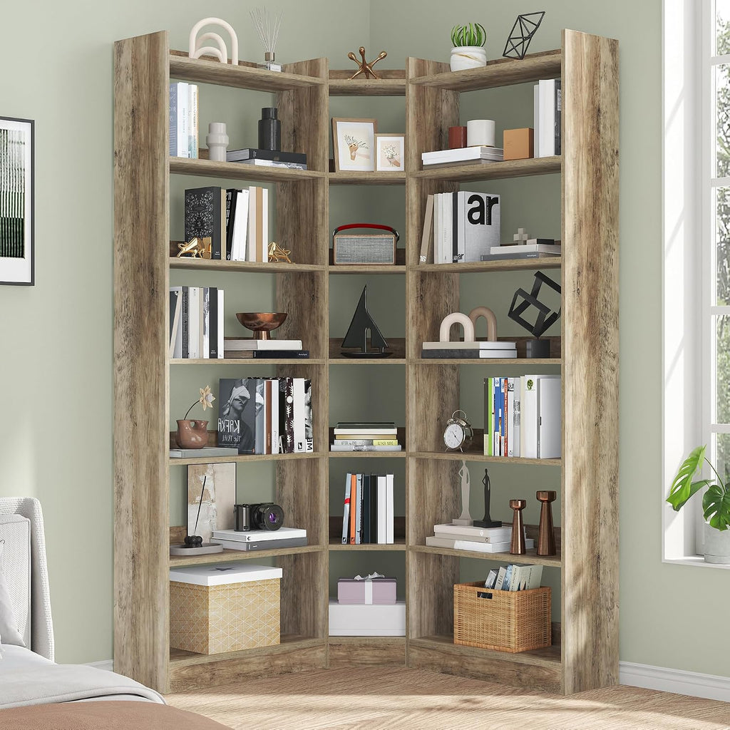 Nosepen 70.8' Tall Corner Bookshelf and Bookcases, 7 Tiers Morden Large Etagere Bookcases Storage Display Rack with Baffle, Industrial L-Shaped Bookshelves for Bedroom, Home Office, Living Room, Brown