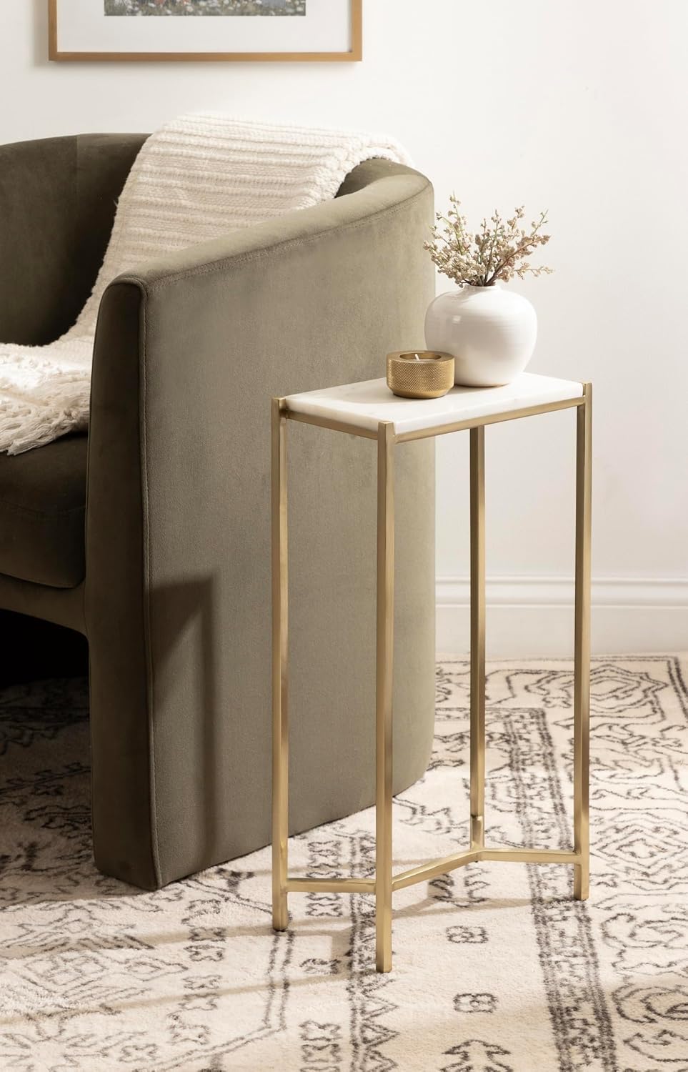 Kate and Laurel Aguilar Modern Glam Slim Side Table; 12 x 7 x 22; White Marble and Gold; Decorative Narrow End Table for Use as Skinny Bedroom Nightstand or Living Room Mini Table