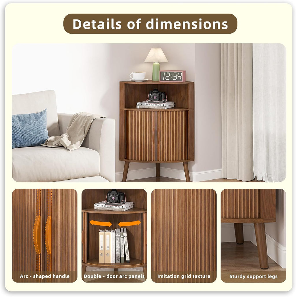 Bathroom Corner Storage Cabinet, 31.5''H Small Floor Corner Cabinet with 2 Fluted Doors and Shelves, Freestanding Narrow Cabinets Organizer for Living Room, Kitchen (Walnut, 31.5''H)