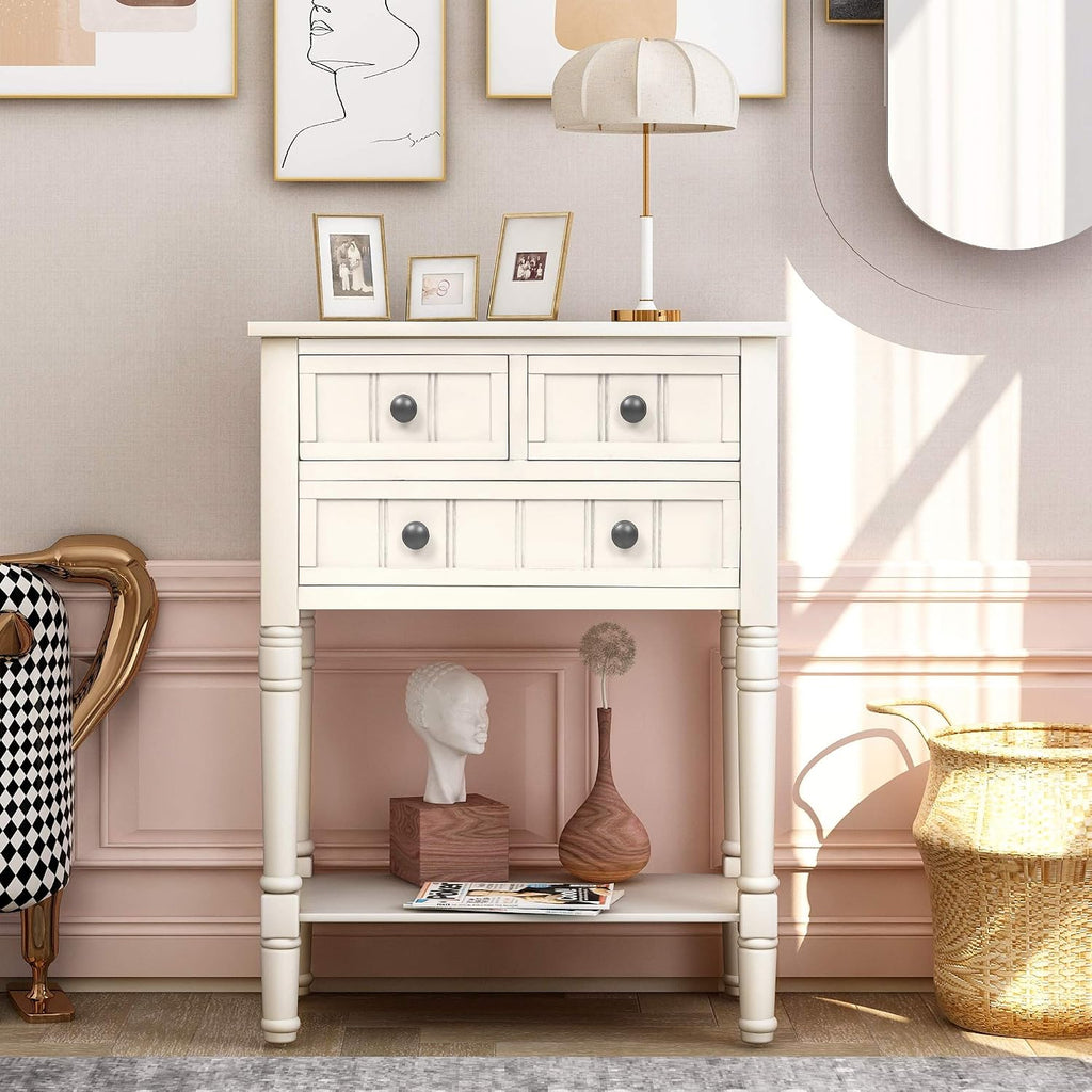 Knocbel Slim Antique Entry Console Table with Drawers & Bottom Open Shelf, Solid Wood Sofa Couch Table for Entryway Hallway Living Room (Ivory White)