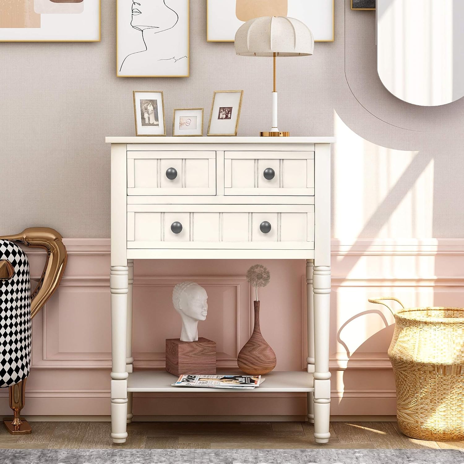 Knocbel Slim Antique Entry Console Table with Drawers & Bottom Open Shelf, Solid Wood Sofa Couch Table for Entryway Hallway Living Room (Ivory White)