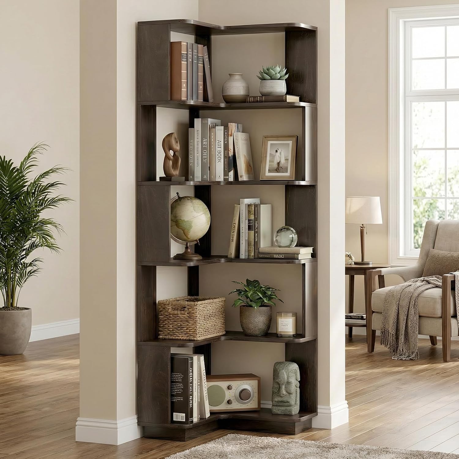 5 Tier Corner Bookshelf, Freestanding L-Shaped Wooden Bookcase with Open Shelves, Anti-Fall Panels and Anti-Tipping Device for Living Room, Bedroom, Home Office (Dark Brown)