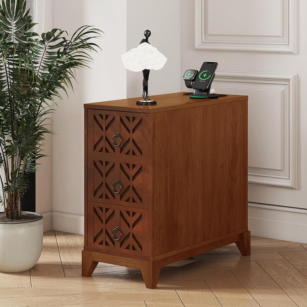 End Table with 3 Drawers & 2 Adjustable Shelves,Corner Table with USB & AC Charge Station,X-Shaped Carved Front,Solid Wood Frame,Tall Narrow Side Tables for Bedroom,Living Room,Small Space,Natural