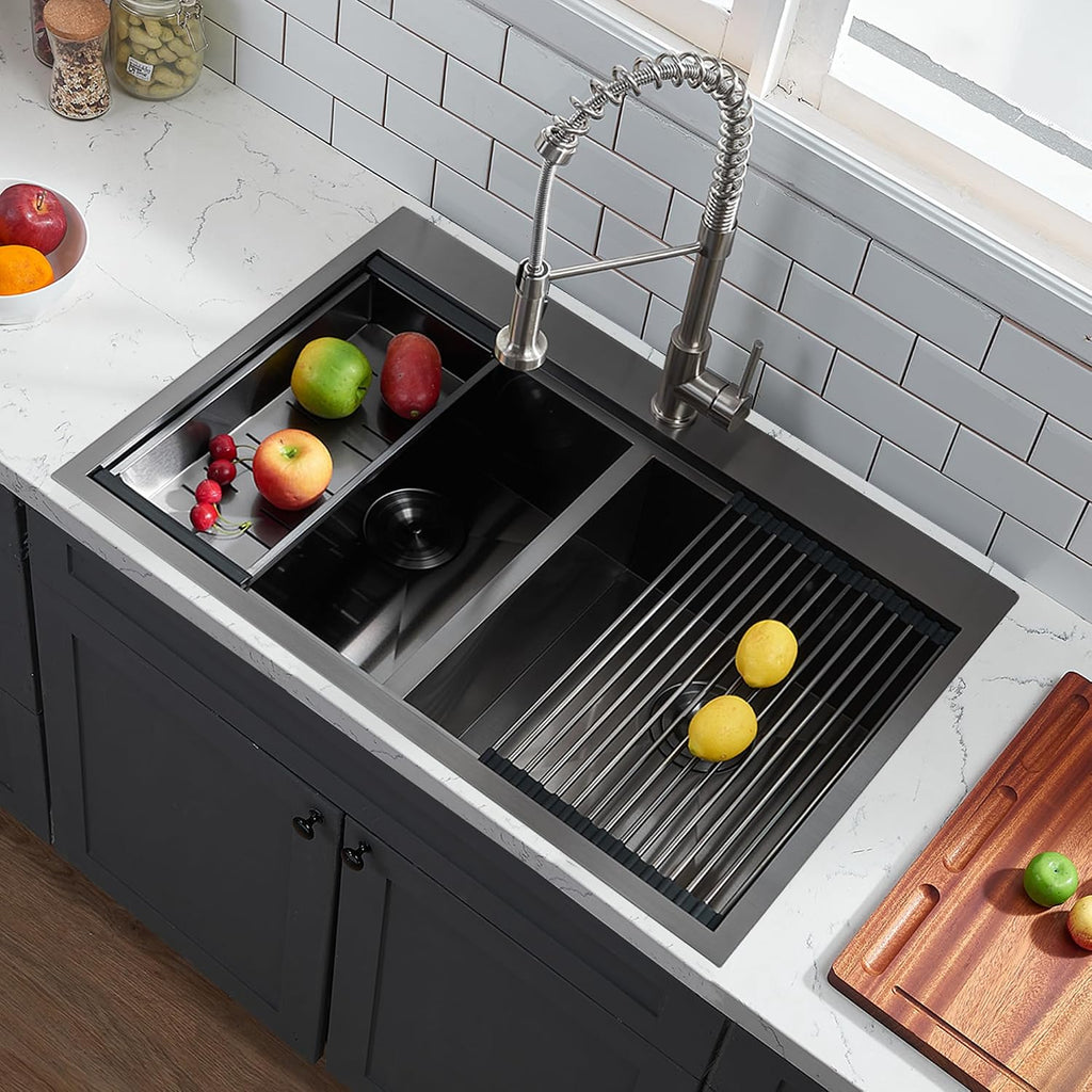 33x22 Double Bowl Kitchen Sink 33 Inch Black, Stainless Steel Drop in Double Basin Kitchen Sink, Topmonut 50/50 Kitchen Sinks Workstation Sink with Accessories