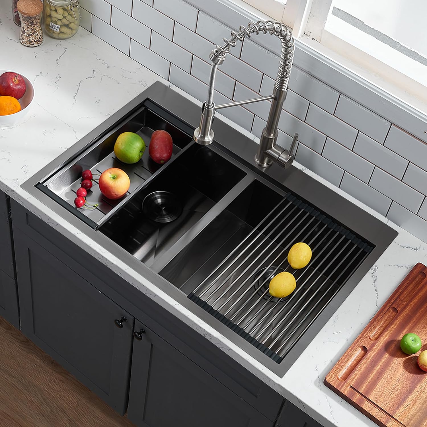 33x22 Double Bowl Kitchen Sink 33 Inch Black, Stainless Steel Drop in Double Basin Kitchen Sink, Topmonut 50/50 Kitchen Sinks Workstation Sink with Accessories