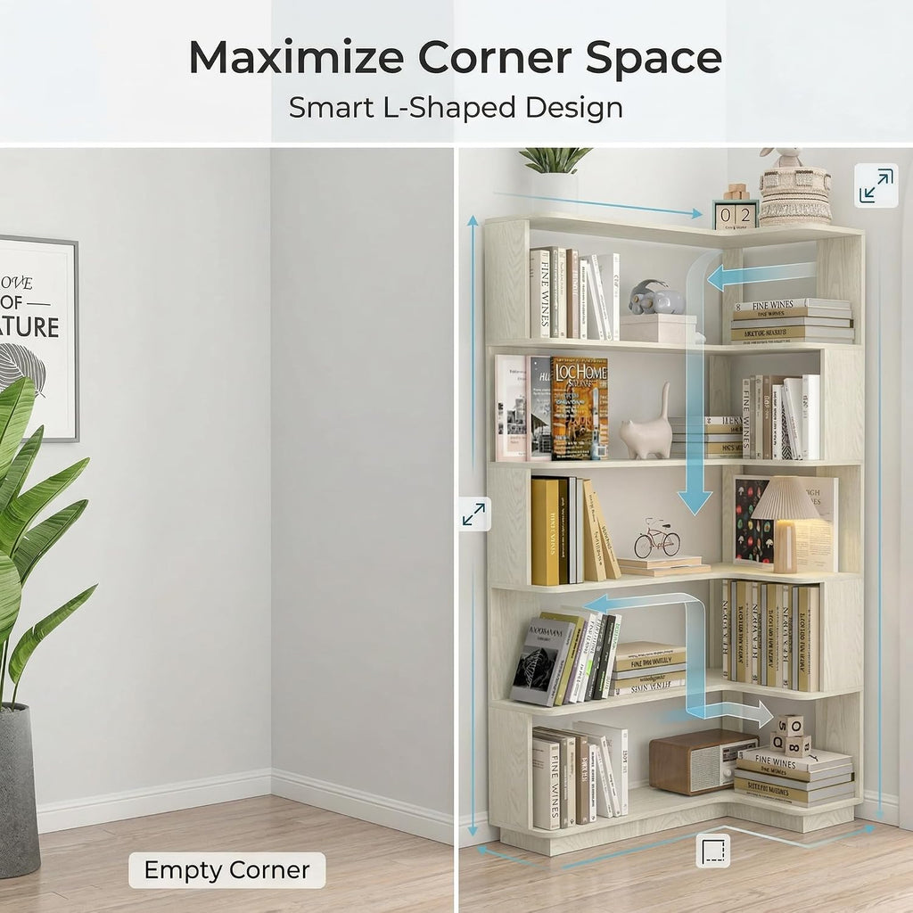6 Tier Corner Bookshelf, Freestanding L-Shaped Wooden Bookcase with Open Shelves, Anti-Fall Panels and Anti-Tipping Device for Living Room, Home Office (White with Left Extension)