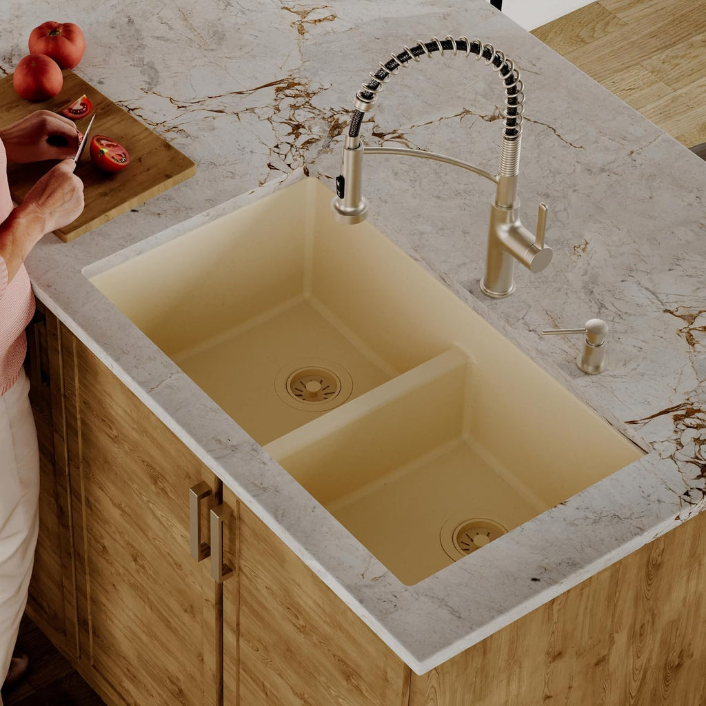Karran 32' Bisque Quartz Composite Undermount Double Bowl Kitchen Sink with Low Divider – 50/50 Equal Bowl, 80% Natural Quartz, 535°F Heat Resistant, Sound Dampening, QU-810