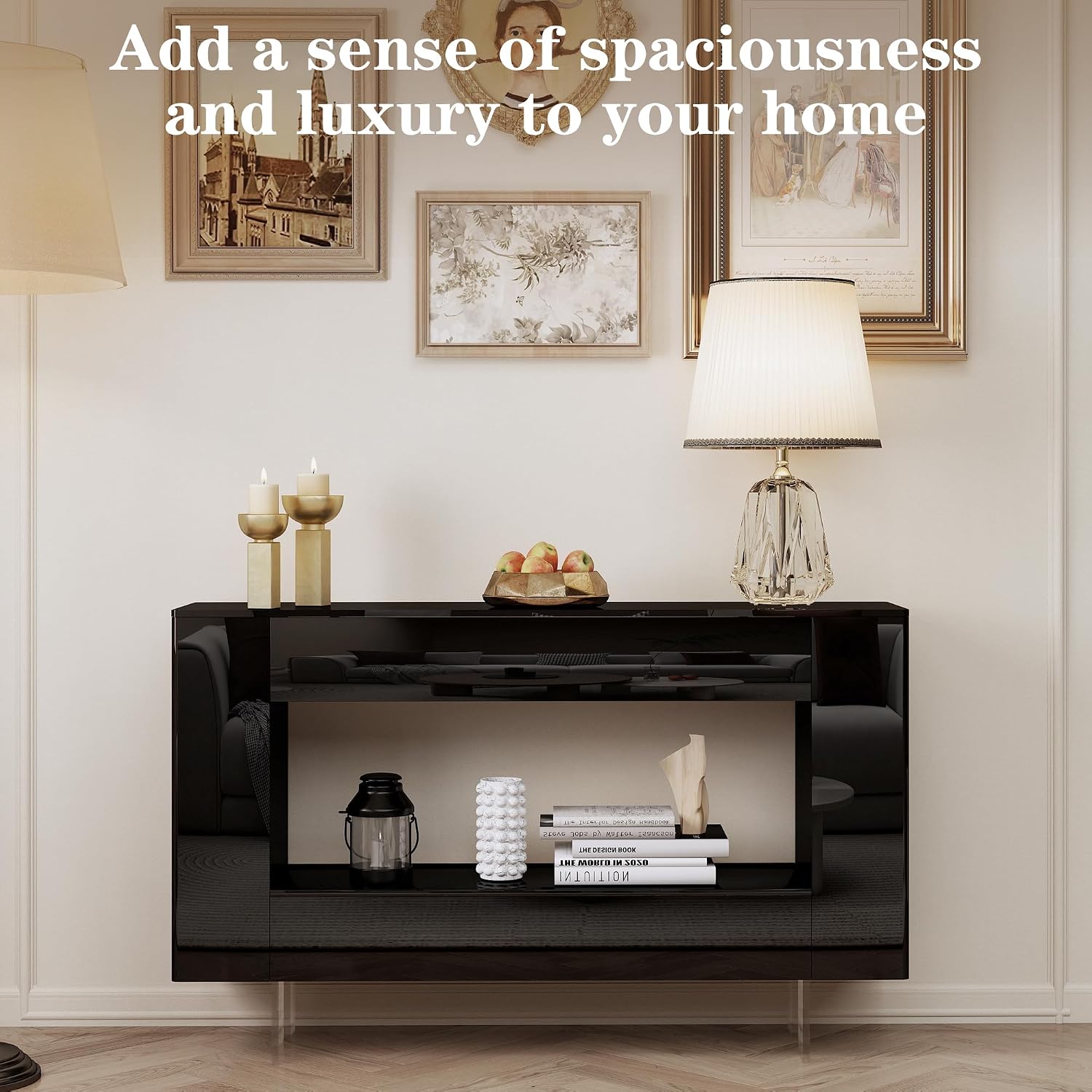 47' High Gloss Console Table with Hidden Side Storage Cabinets, Adjustable Shelves, Modern Black Entryway Sofa Table for Behind The Couch, Living Room, Hallway, Black