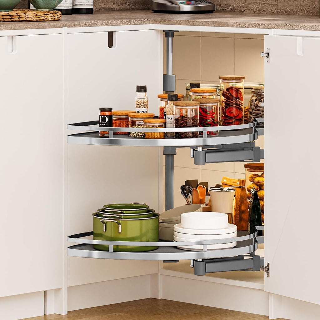 DWVO Corner Cabinet Organizer, 2-Tier Blind Corner Pull Out with 270° Rotating Shelf, Right Swing Tray, Heavy-Duty Iron, Easy-Install Template, 32.7'x17.3'x21.3', Gray