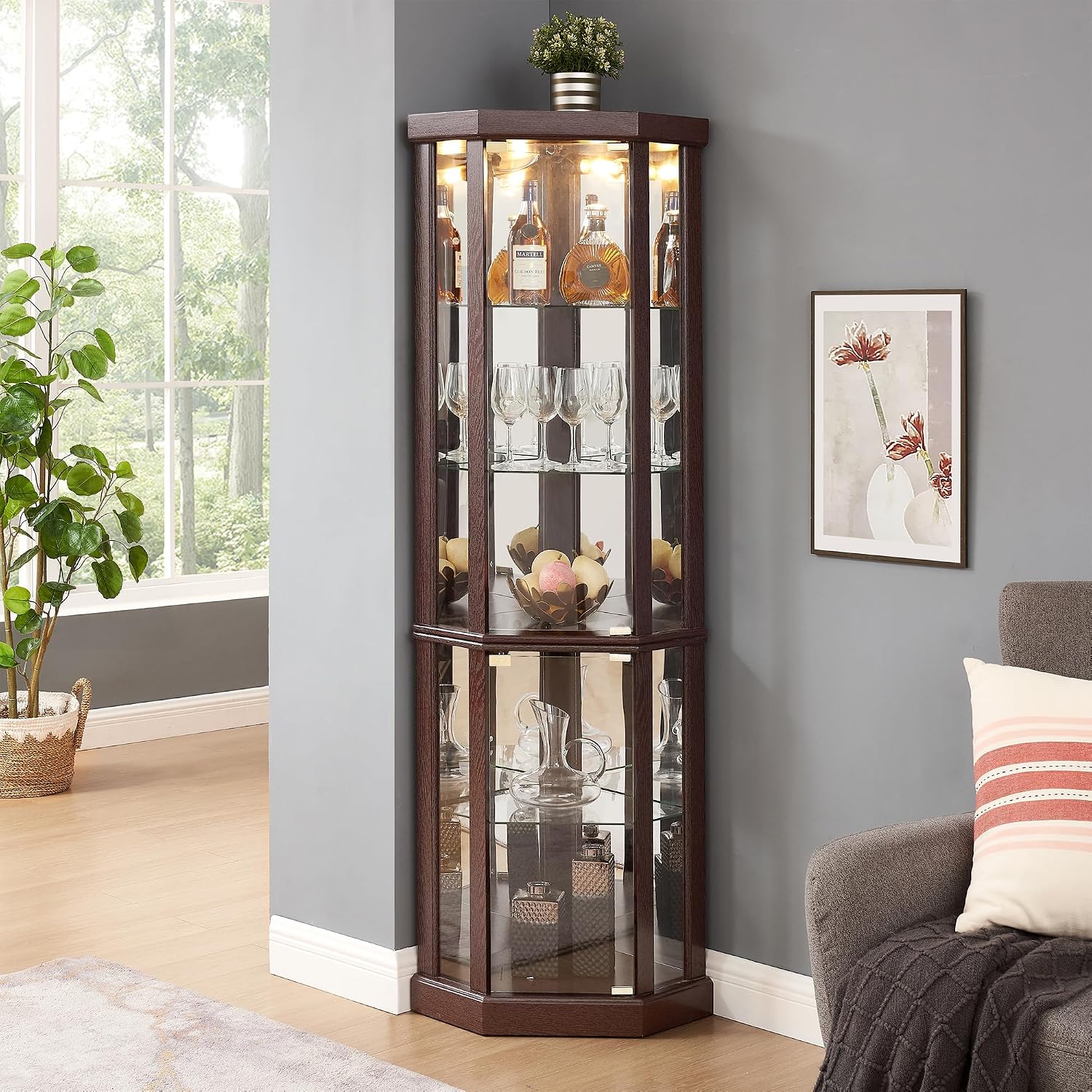 69' H Lighted Corner Display Cabinet, Curio Corner Glass Cabinet w/Adjustable Shelves & Glass Door, 5-Tier Wooden Storage Display Case w/Mirrored Back Pane for Living Room