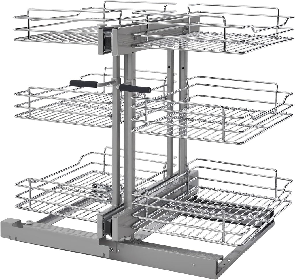 Rev-A-Shelf Chrome 3-Tier Wire Pullout Organizer with Soft-Close for Blind Corner Kitchen/Bathroom Cabinets, Adjustable 6-Basket Storage System, Min Opening Width of 15', 5PSP3-15SC-CR