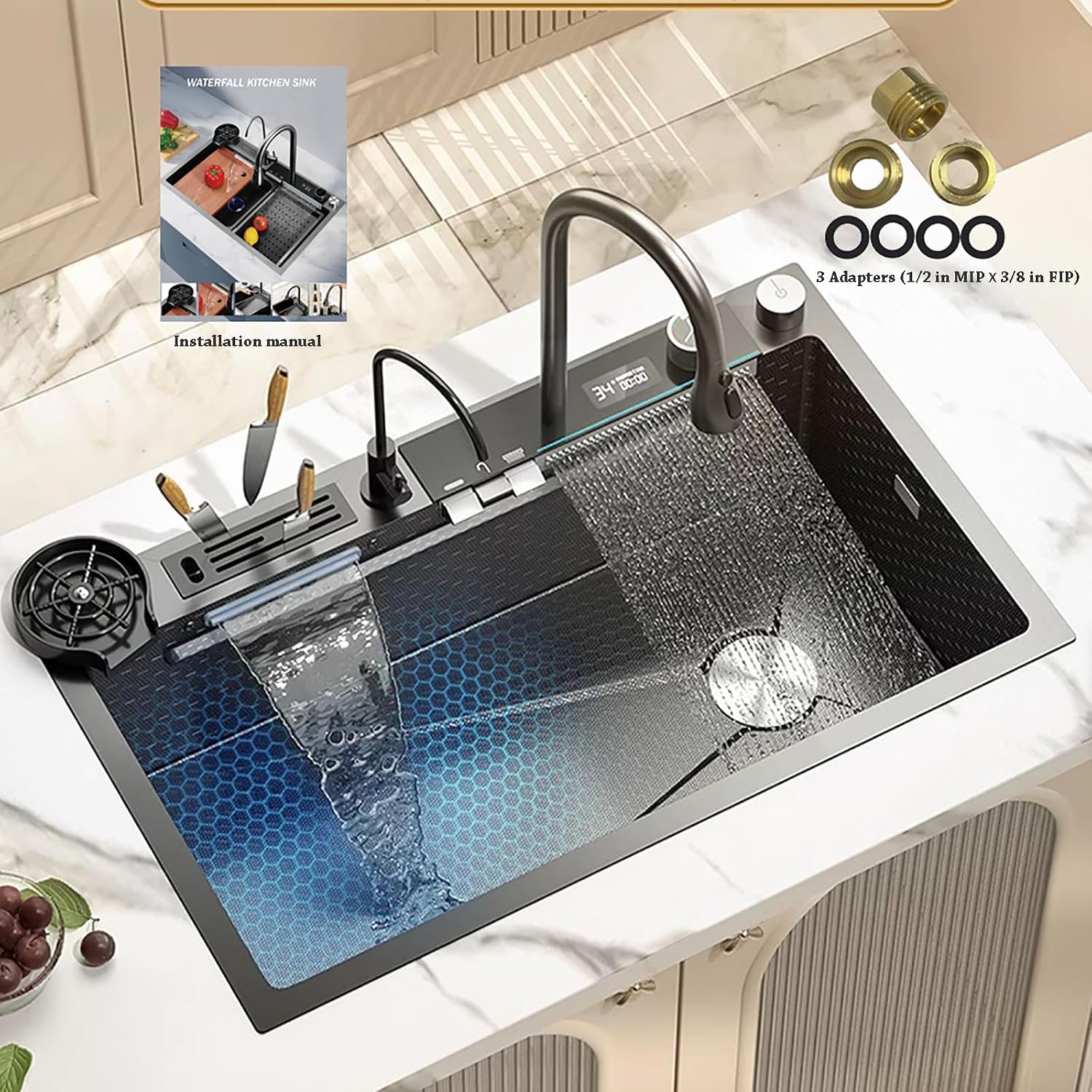 Smart Waterfall Kitchen Sink Stainless Steel Single Bowl Digital Display Honeycomb Nano Modern Workstation Sink with Pull Down Faucet Multifunctional Topmount Handmade Sinks(31.5 x 18.1 inch)