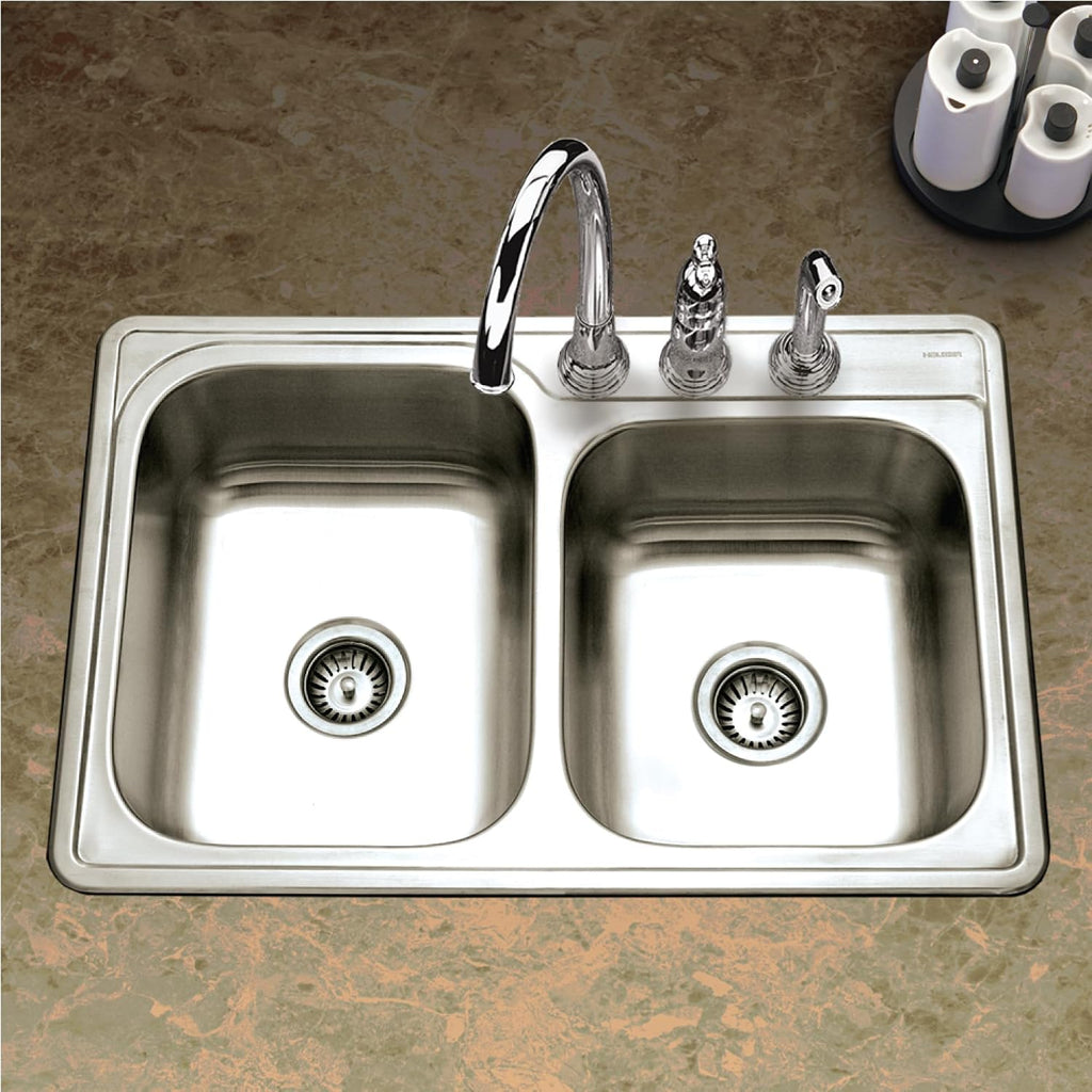 Houzer Glowtone Stainless Steel Kitchen Bar & Prep Sink - 33 Inch Drop-In Topmount 3-Hole 60/40 Double Bowl Sink, Durable & Versatile, Nested 20-Pack - ISL-3322BS3-20