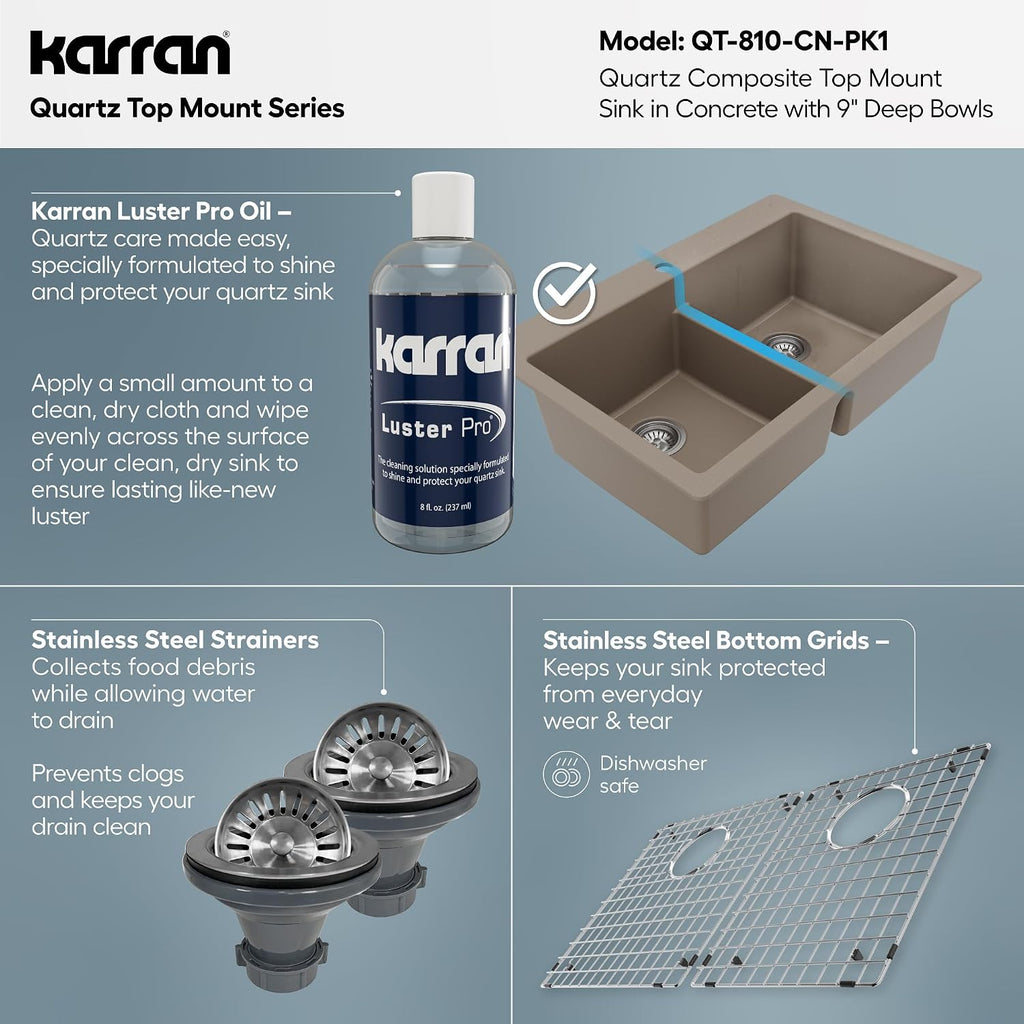 Karran QT-810 33' Top Mount Double Equal Bowl Quartz Kitchen Sink Kit in Concrete